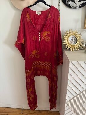 Super Cute Kantha Bae Red Printed Jumpsuit/Onesie with Button Front Reversible